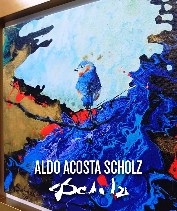 Podemos apreciar un grabado original del artista contemporáneo Aldo Acosta Scholz, representante internacional del arte en la actualidad, el grabado original se titula el pájaro que da cuerda al mundo y se encuentra en la sección de venta de grabados originales