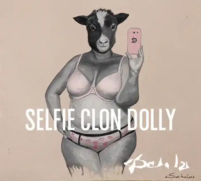 Apreciamos la selección en venta de pinturas originales del gran artista contemporáneo Aldo Acosta Scholz, quien muestra una de sus obras de arte de la serie selfie clon dolly