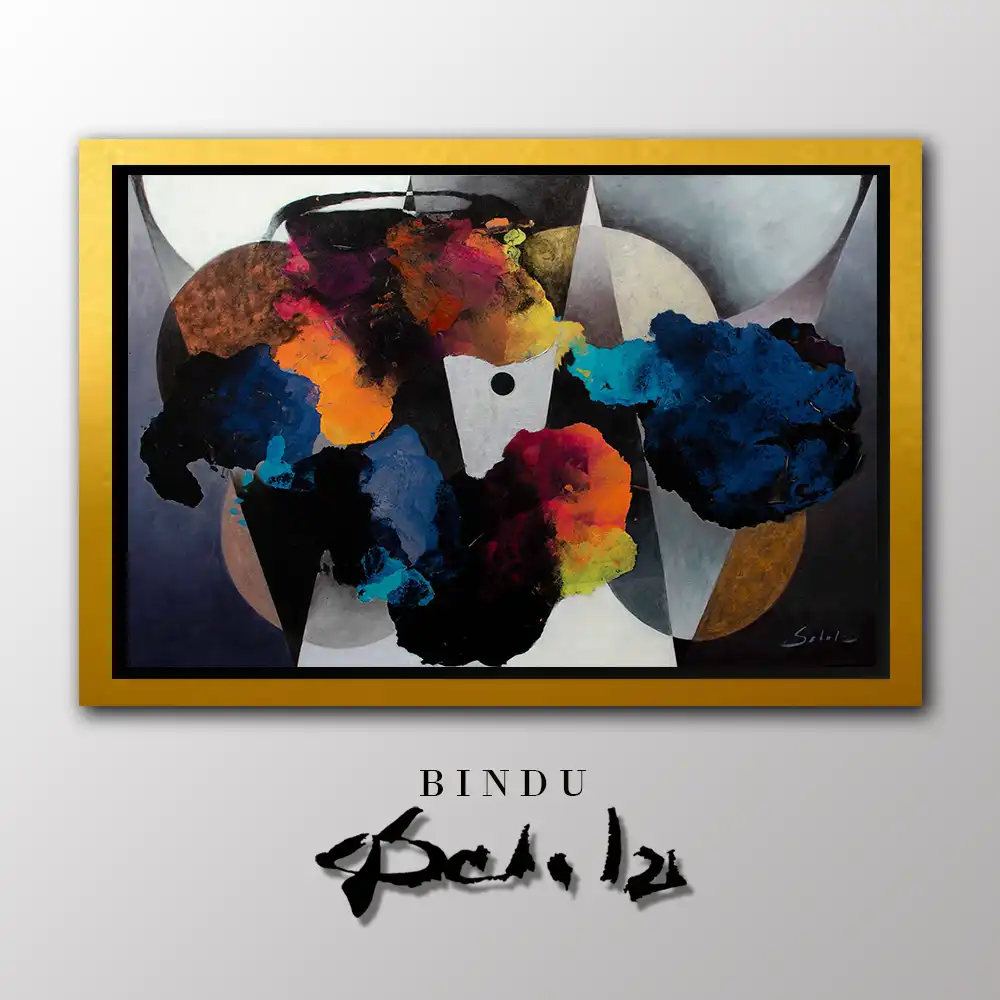 Bindu in gold frame with black background, original art for sale, original artwork for sale and art prints for sale by Aldo Acosta Scholz, available at our contemporary art gallery.