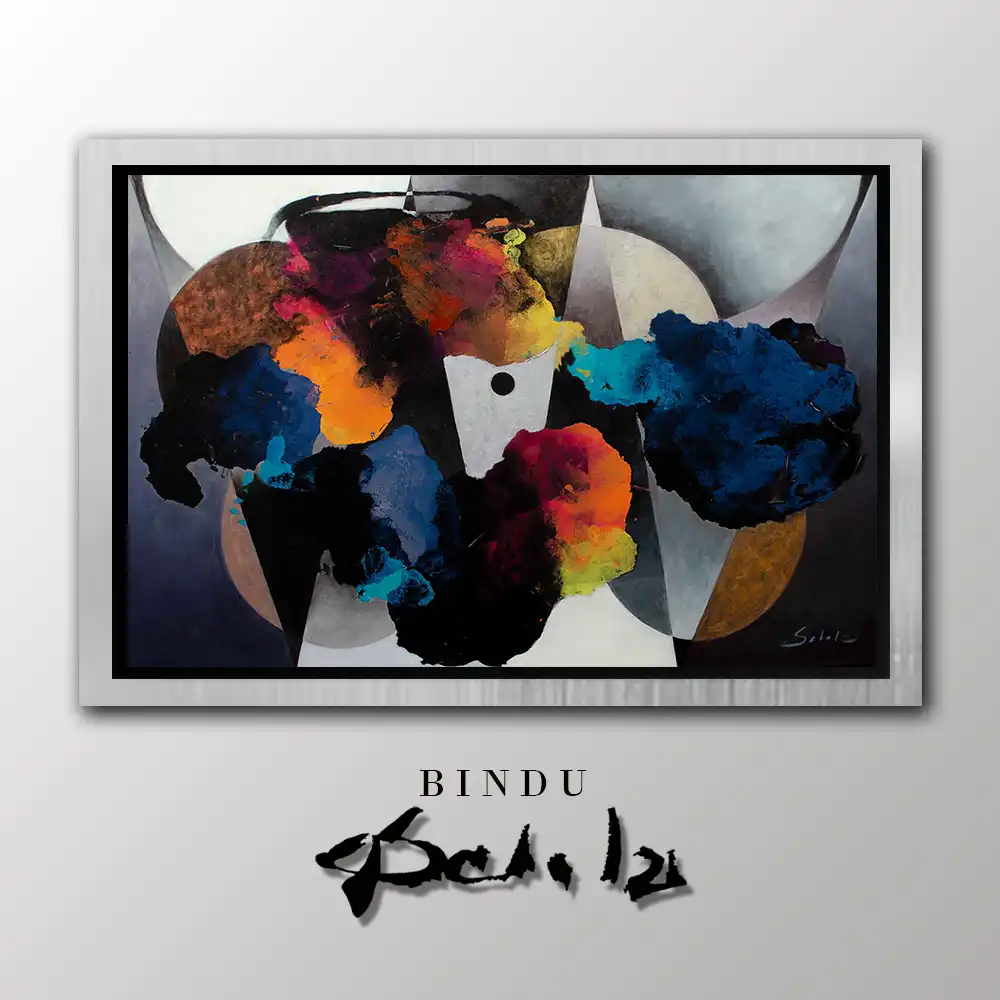Bindu in silver frame with black background, original art pieces for sale, original artwork for sale and art prints for sale by Aldo Acosta Scholz, available at our contemporary art gallery.
