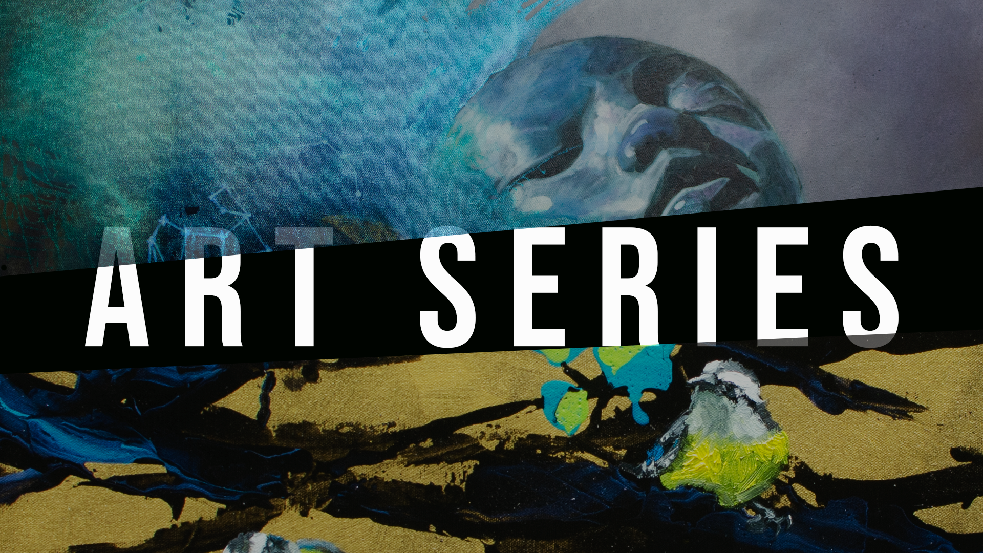 Art Series banner by Aldo Acosta Scholz featuring layered contemporary artworks and bold black typography
