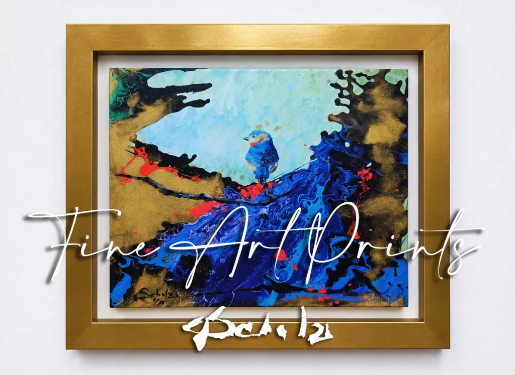 Framed fine art print by Aldo Acosta Scholz in blue, gold, red and black