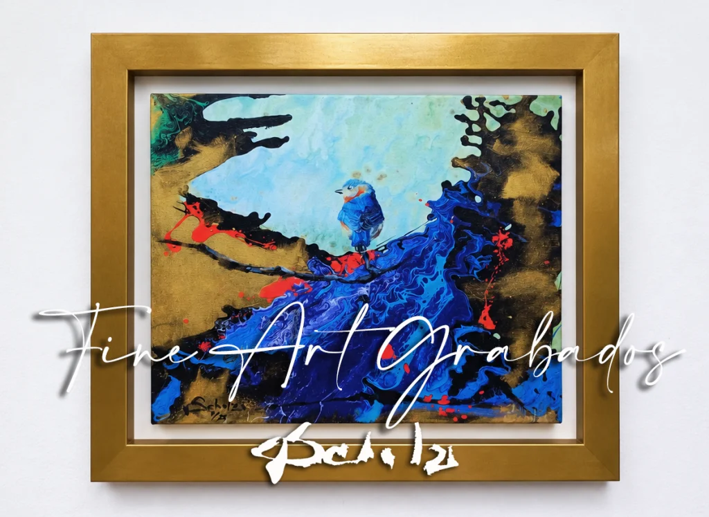 Grabado artístico de Aldo Acosta Scholz enmarcado en tonos azul, dorado, rojo y negro