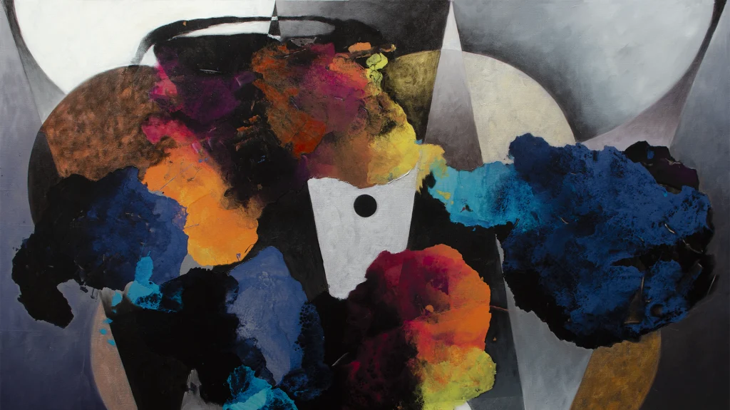 Abstract painting by Aldo Acosta Scholz, visual artist, with deep blue, orange, black, white and turquoise forms