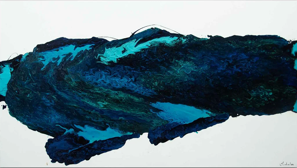 Abstract painting by Aldo Acosta Scholz, visual artist, with deep blue, black, white and turquoise forms